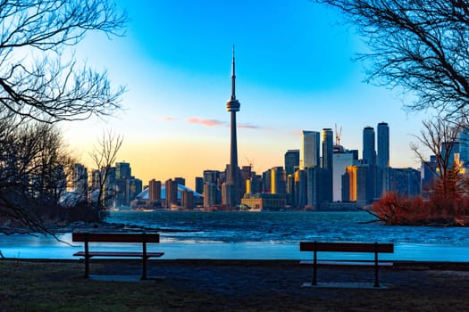 Flying birds and city silhouette. Shooting Location: Toronto