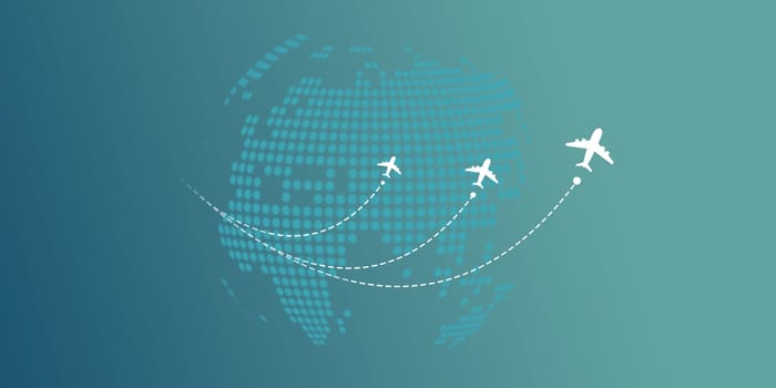 Planes routes white flying over world map, Tourism and travel concept, Dotted lines and location icons, Around the world via aircraft travel concept, Global transport connectivity routes.