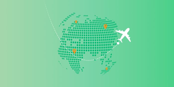 Planes routes white flying over world map, Tourism and travel concept, Global transport connectivity routes,  Dotted lines and location icons, Around the world via aircraft travel concept.