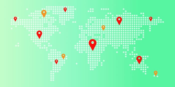 World map with pins semi flat color vector element. Travel planning. Editable full sized item on white. Travel destination concept. World map with location pins on it.