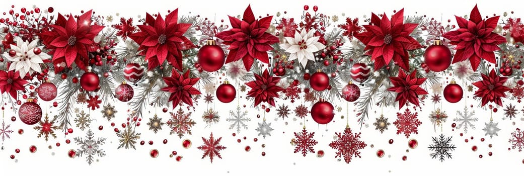 A vibrant display of red poinsettias, shiny ornaments, and intricate snowflakes creates a joyful atmosphere, perfect for holiday festivities and winter celebrations throughout December.