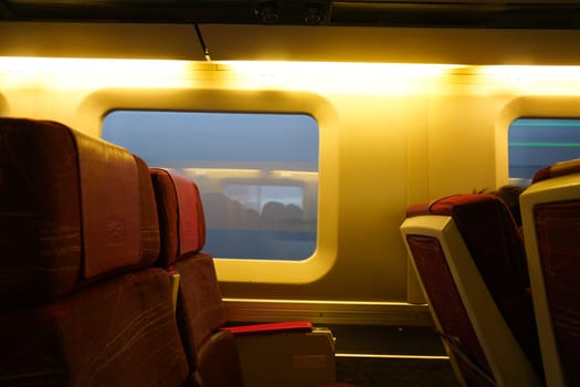 Inside the train at dusk. Shooting Location: Toronto