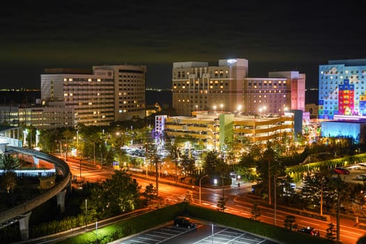 Night view with cranes and glowing buildings. Shooting Location: Chiba prefecture