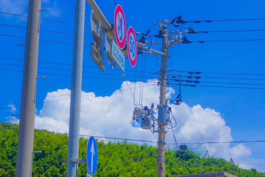 electric wire and blue sky. Shooting Location: Yamagata Prefecture