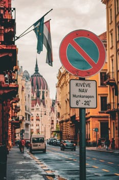 No parking sign in the city. Shooting Location: Hungary, Budapest