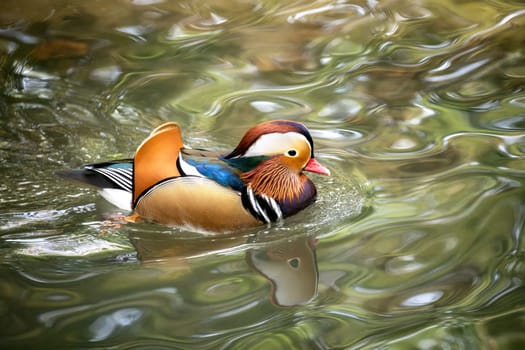 Closeup of a Mandarin duck swimming in the water
