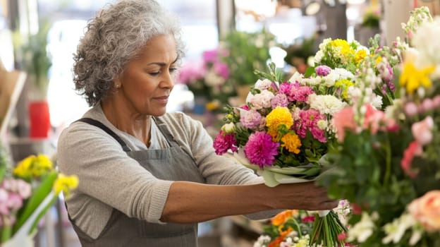 Latin american mature florist woman creates bouquet of flowers in flower store, AI Generated