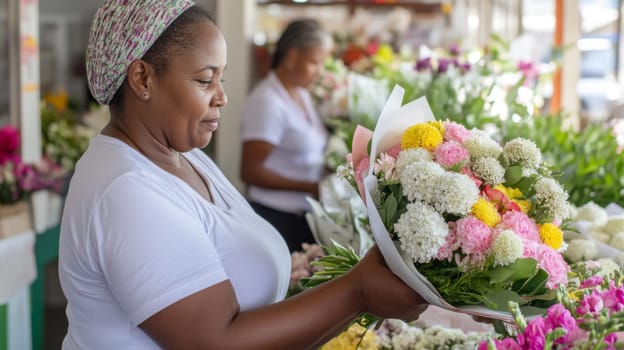 African american mature florist woman creates bouquet of flowers in flower store, AI Generated
