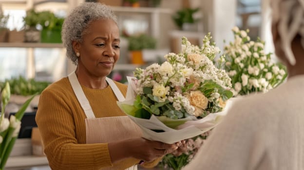 African american mature florist woman creates bouquet of flowers in flower store, AI Generated