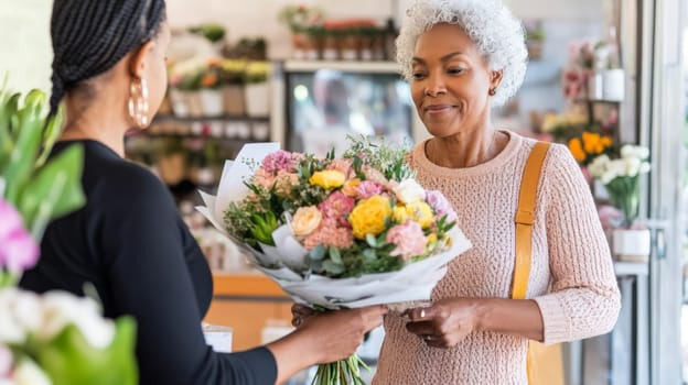 African american mature florist woman creates bouquet of flowers in flower store, AI Generated