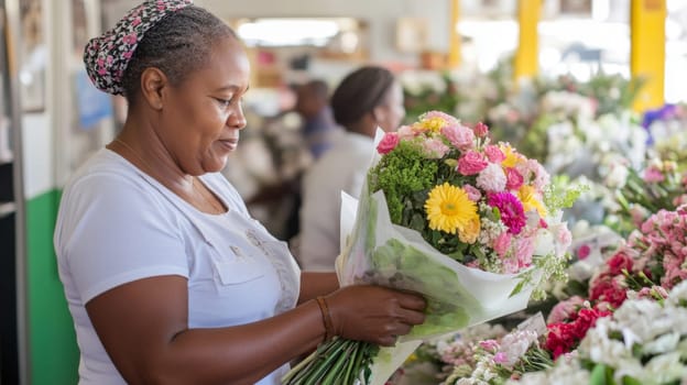 African american mature florist woman creates bouquet of flowers in flower store, AI Generated