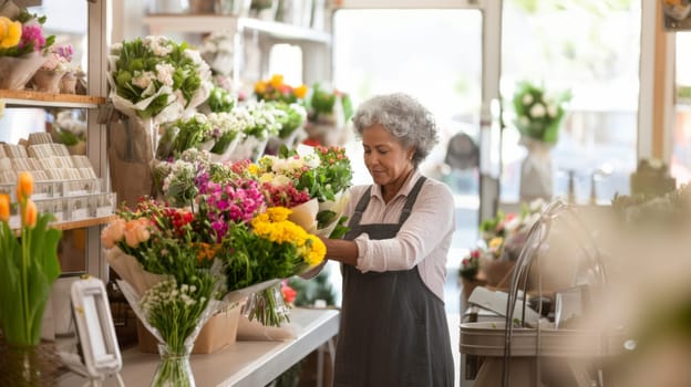 Latin american mature florist woman creates bouquet of flowers in flower store, AI Generated