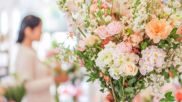 Indian american florist woman creates bouquet of flowers in flower store, AI Generated
