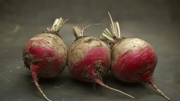 Three freshly harvested red turnips with soil on dark textured background, AI generated