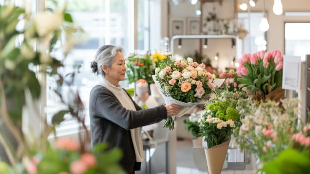 Asian american mature florist woman creates bouquet of flowers in flower store, AI Generated