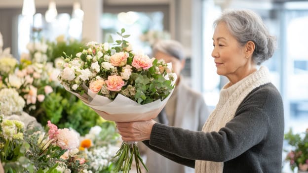 Asian american mature florist woman creates bouquet of flowers in flower store, AI Generated