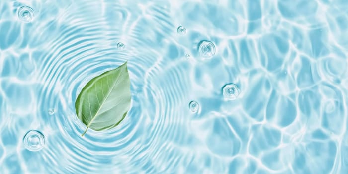 A green leaf floating on water showing ripples and bubbles, suitable as SPA background, AI generated