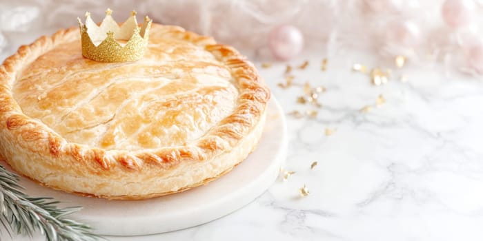Three kings holiday festive cake topped with golden paper crown on a table, background, AI generated