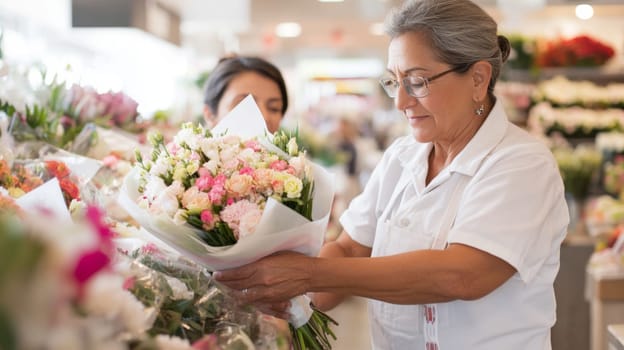 Latin american mature florist woman creates bouquet of flowers in flower store, AI Generated