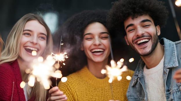 Group of multiracial adults celebrating New Year with sparklers outdoors, joyful winter scene, AI generated