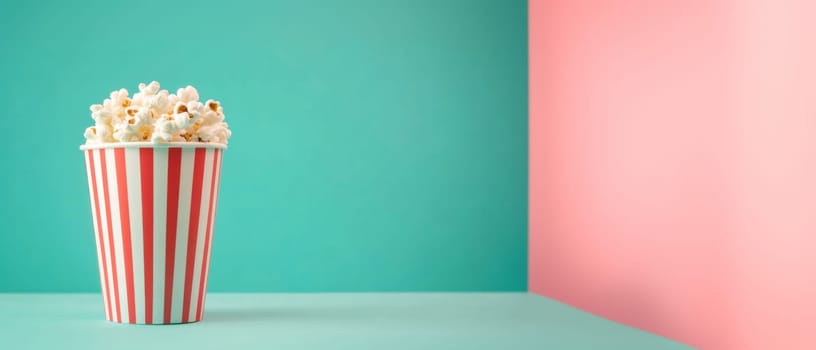 Popcorn in paper cup on pristine solid color background, fun party concept, AI Generated