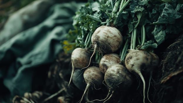 Freshly harvested turnips with green leaves on soil in natural outdoor setting, AI generated