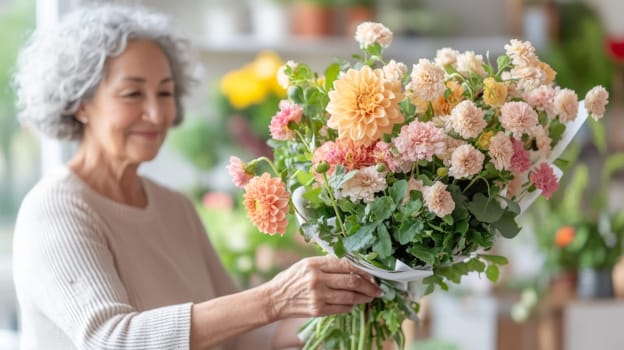 Mature florist woman creates bouquet of flowers in flower store, AI Generated