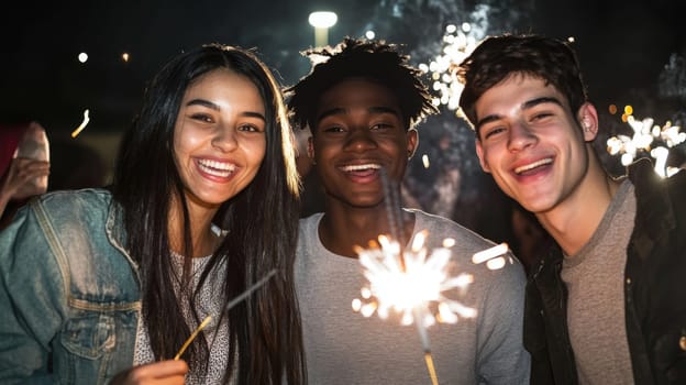 Group of multiracial adults celebrating New Year with sparklers outdoors, joyful winter scene, AI generated