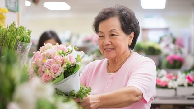 Asian american mature florist woman creates bouquet of flowers in flower store, AI Generated