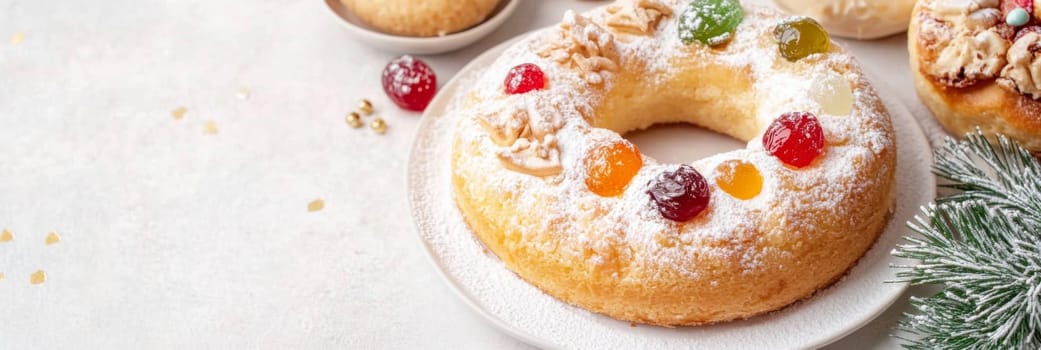 Three kings holiday festive fruitcake topped with colorful candied fruits on a table, background, AI generated