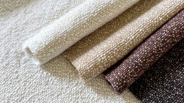 Boucle Fabric samples in various neutral colors close up arranged, texture detail, interior design palette background, AI generated