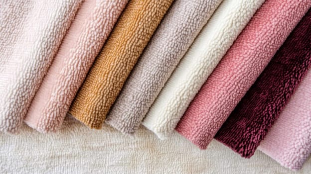 Chenille Fabric samples in various neutral colors close up arranged, texture detail, interior design palette background, AI Generated