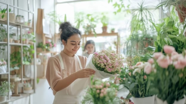 Indian american florist woman creates bouquet of flowers in flower store, AI Generated