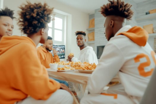Friends watching Super Bowl football game eating snacks together at home, AI generated