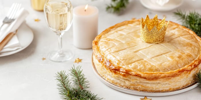 Three kings holiday festive cake topped with golden paper crown on a table, background, AI generated