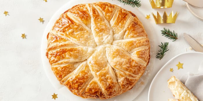 Three kings holiday festive cake topped with golden paper crown on a table, background, AI generated