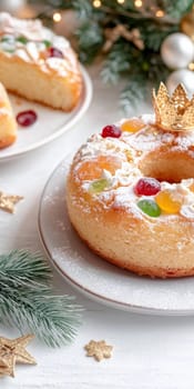 Three kings holiday festive fruitcake topped with colorful candied fruits on a table, background, AI generated