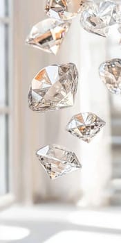 Diamonds with sparkling facets on bokeh background, concept of luxury and elegance, AI generated