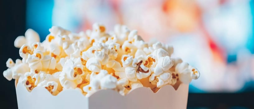 Popcorn in paper bucket on table with blurred TV screen in background, weekend home party, AI Generated