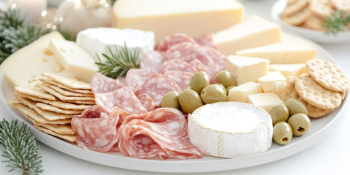 Christmas or New Year holiday charcuterie platter with cheeses, salami, grapes, olives on board, festive background, copy space, AI generated