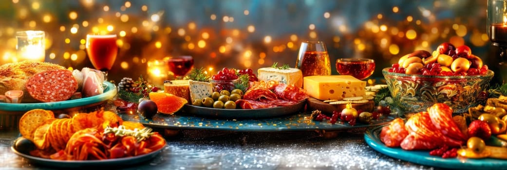 Festive charcuterie board with assorted cheeses and meats on rustic table, background, AI generated