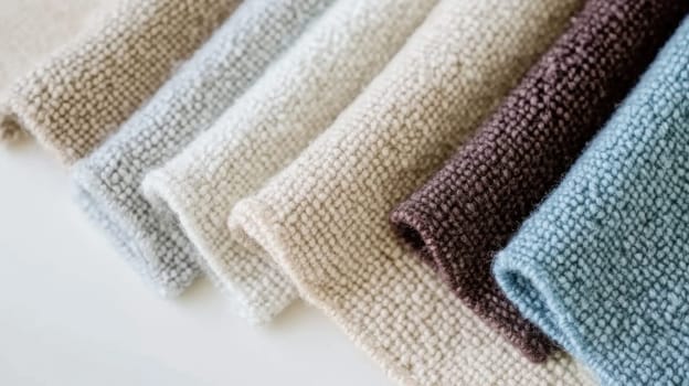 Boucle Fabric samples in various neutral colors close up arranged, texture detail, interior design palette background, AI generated