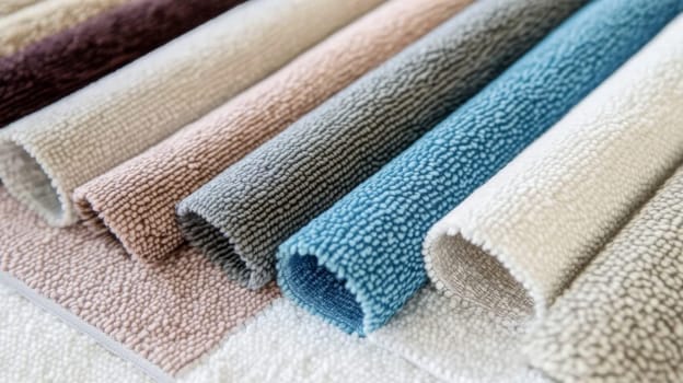 Chenille Fabric samples in various neutral colors close up arranged, texture detail, interior design palette background, AI Generated