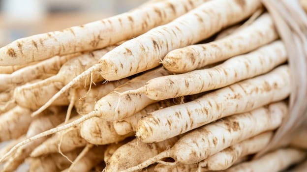 Fresh parsnips with green leaves on rustic wooden surface in natural light, AI generated