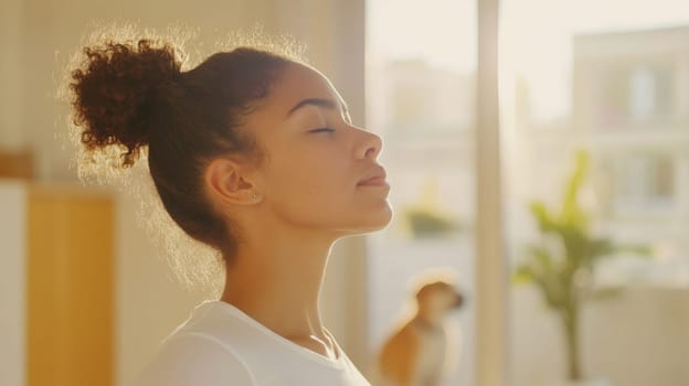Woman practicing yoga in bright room with dog in background, AI Generated