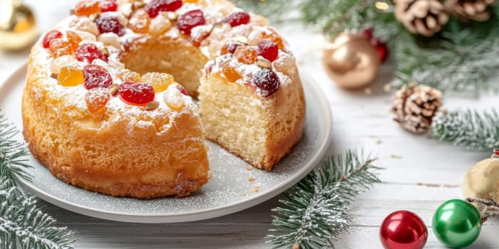 Three kings holiday festive fruitcake topped with colorful candied fruits on a table, background, AI generated