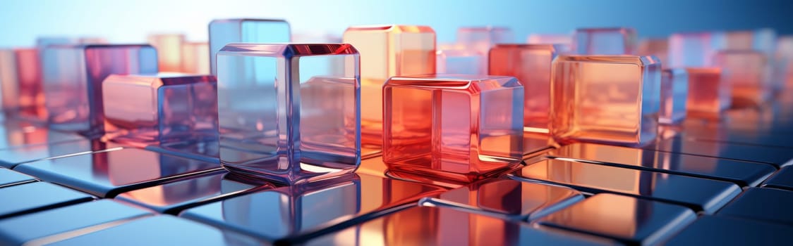 Abstract background of reflective neon purple, blue and orange glass cubes with copy space, AI generated