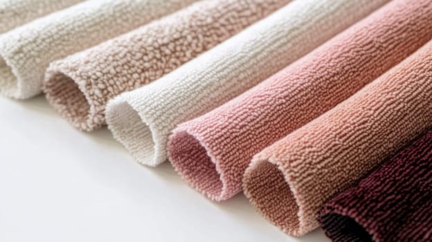 Chenille Fabric samples in various neutral colors close up arranged, texture detail, interior design palette background, AI Generated