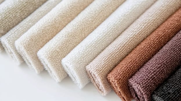 Chenille Fabric samples in various neutral colors close up arranged, texture detail, interior design palette background, AI Generated