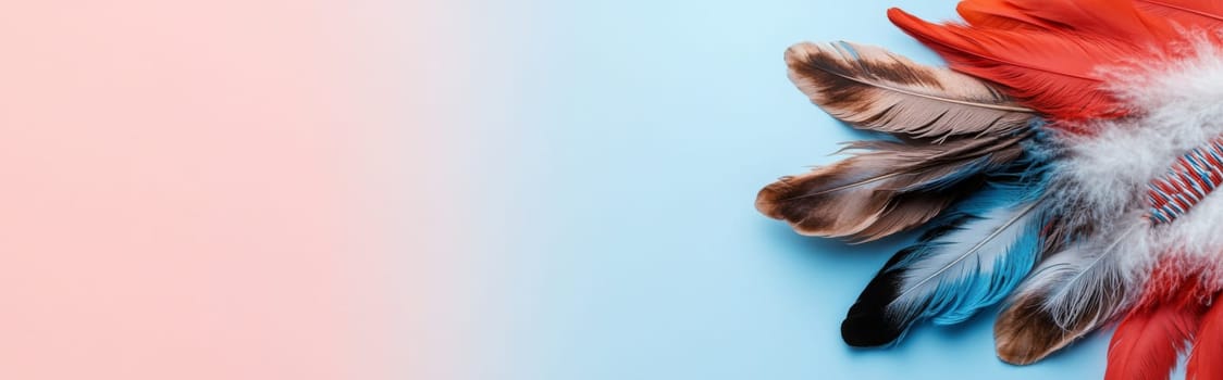 Nation indigenous peoples day concept, Colorful feather on minimslist color background, AI generated